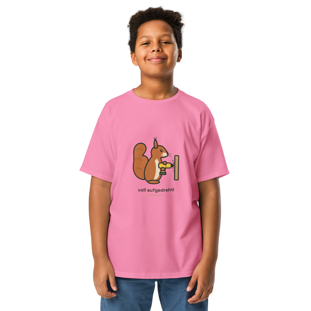 Eichhörnchen „voll aufgedreht!“ – buntes Kinder-T-Shirt – Pink, Vorderansicht