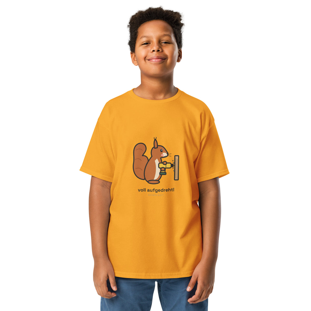 Eichhörnchen „voll aufgedreht!“ – buntes Kinder-T-Shirt – Gelb, Vorderansicht