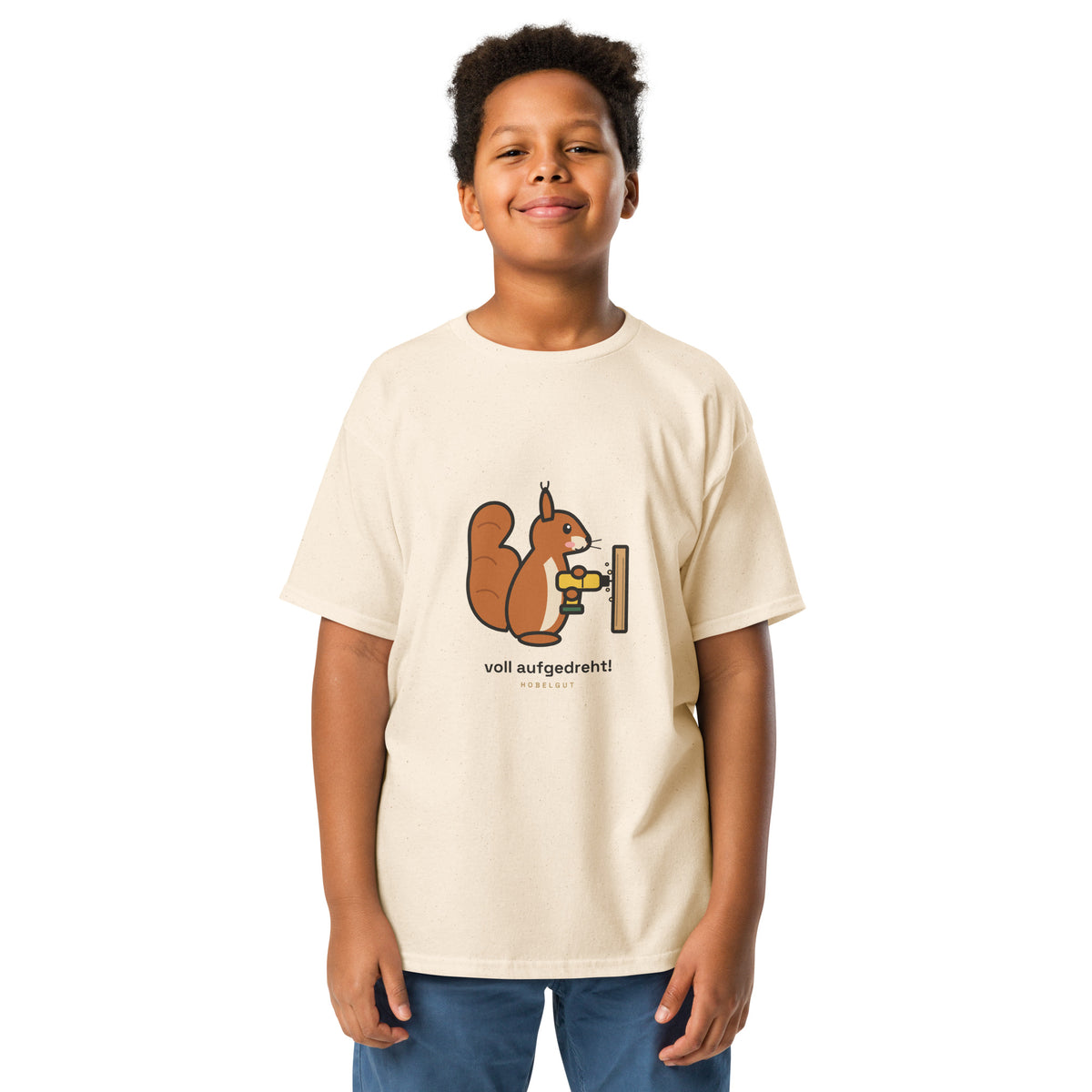 Eichhörnchen „voll aufgedreht!“ – buntes Kinder-T-Shirt – Naturweiß, Vorderansicht