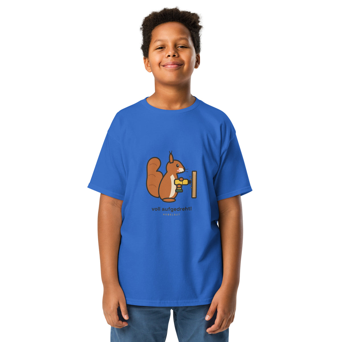 Eichhörnchen „voll aufgedreht!“ – buntes Kinder-T-Shirt – Royalblau, Vorderansicht