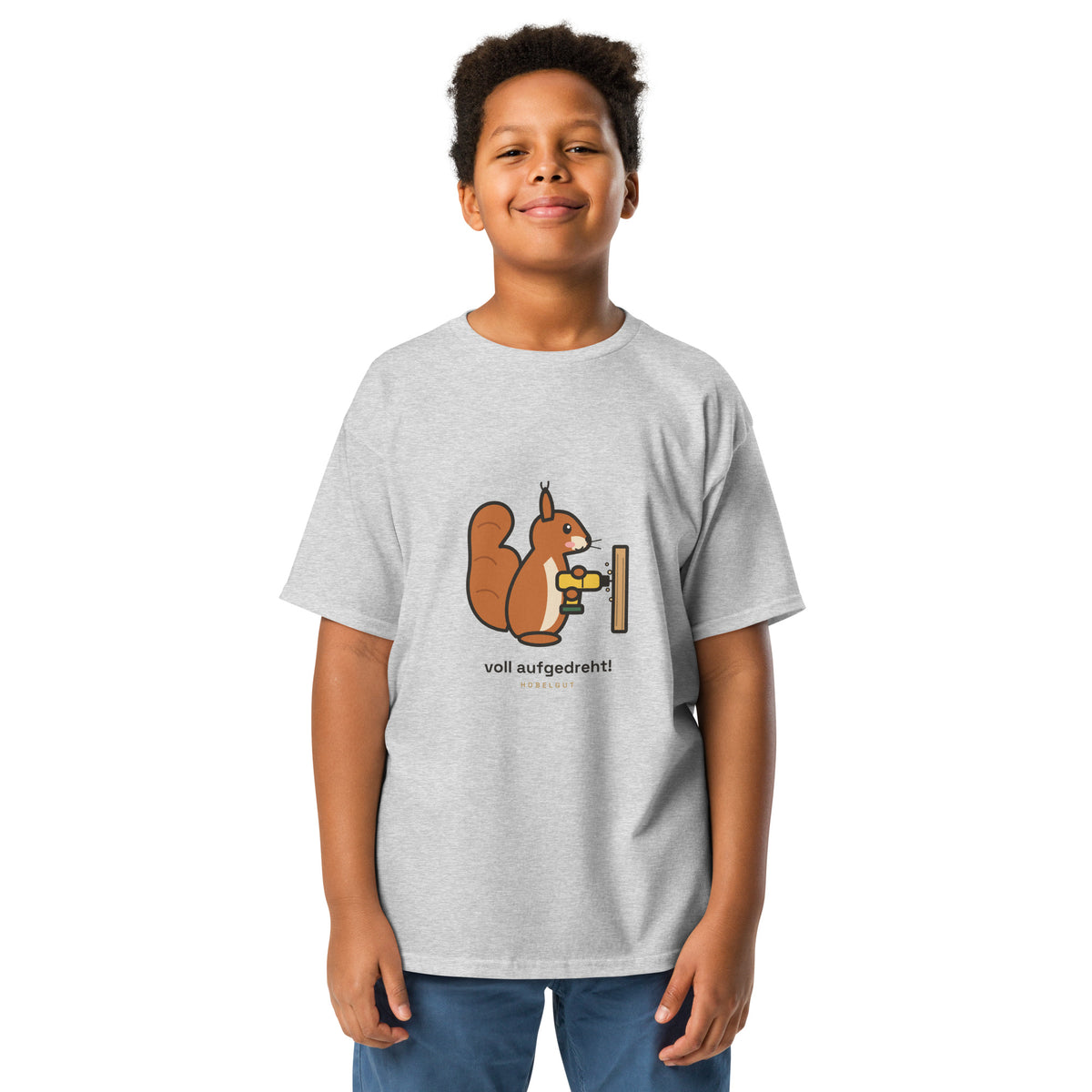 Eichhörnchen „voll aufgedreht!“ – buntes Kinder-T-Shirt – Grau meliert, Vorderansicht
